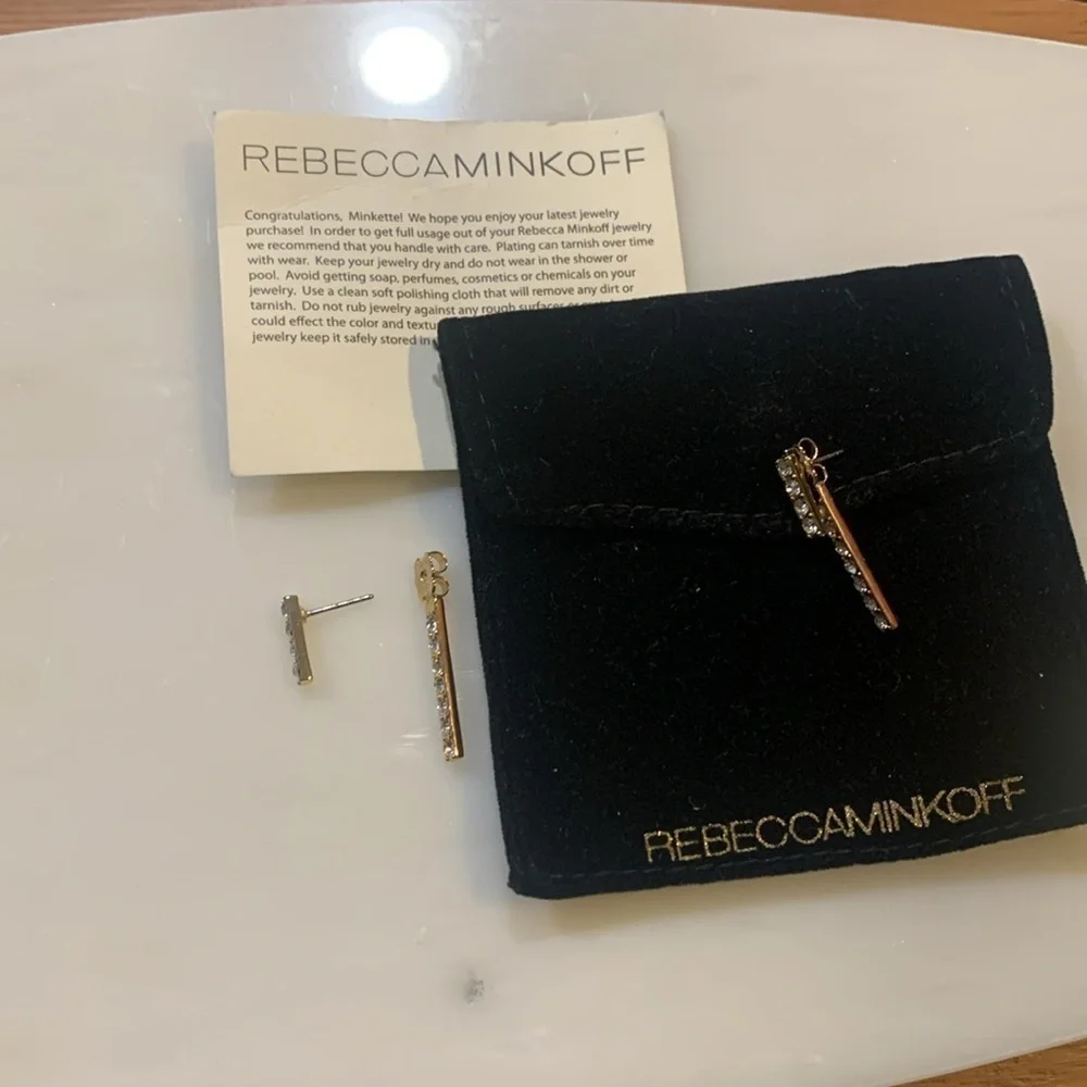 Rebecca Minkoff gold tone and rhinestone earrings. Post. - Picture 2 of 3
